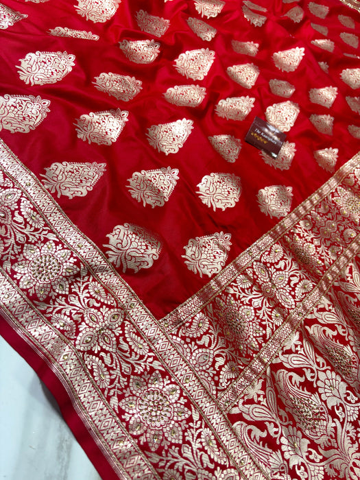 Red Pure Katan Banarasi Handloom Saree - With Sarowski and Zardozi Work