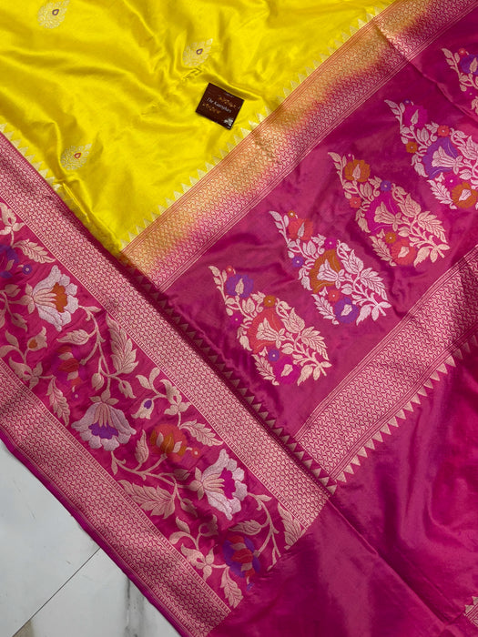 Yellow Pure Katan Banarasi Handloom Saree - Kadhiyal Sona Roopa with Meenakari
