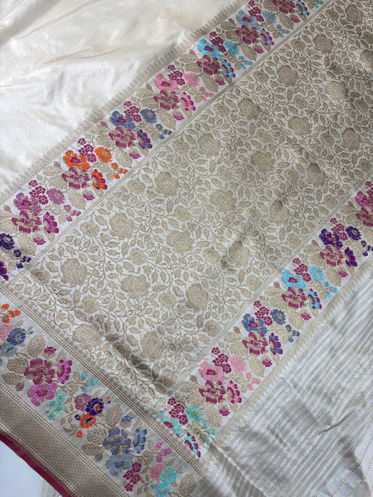 Cream Pure Katan Banarasi Handloom Saree - Kadhiyal Meenakari