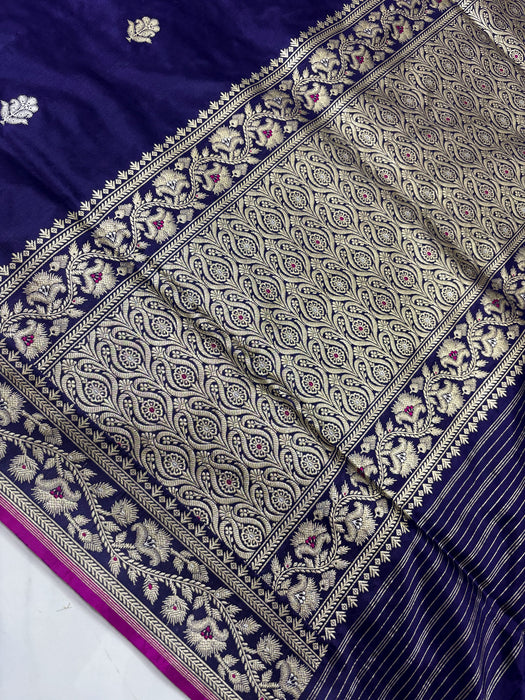 Navy Pure Katan Banarasi Handloom Saree - Kadhiyal Sona Roopa with Meenakari