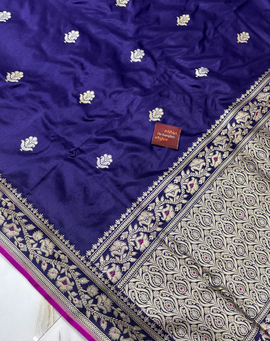 Navy Pure Katan Banarasi Handloom Saree - Kadhiyal Sona Roopa with Meenakari