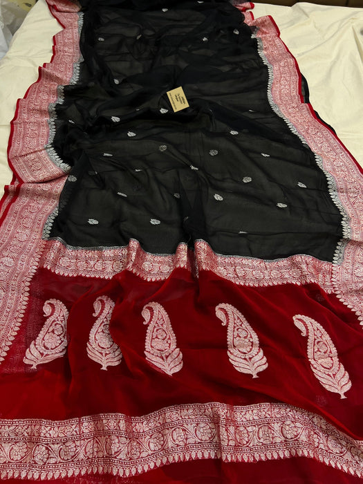 Black & Red Pure Kadhwa Chiffon Georgette Banarasi Saree - Silver Zari