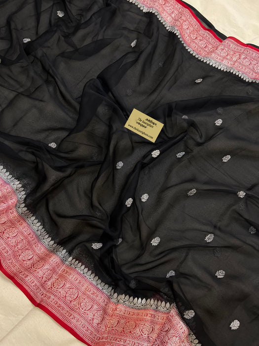 Black & Red Pure Kadhwa Chiffon Georgette Banarasi Saree - Silver Zari