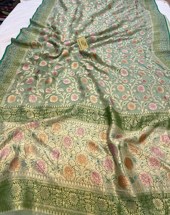 Greyish Green Khaddi Georgette Banarasi Handloom Saree - Handfilled Meenakari