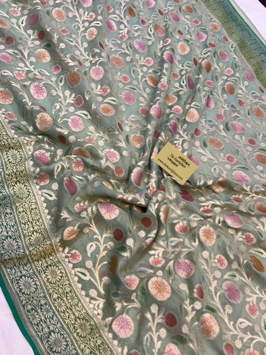 Greyish Green Khaddi Georgette Banarasi Handloom Saree - Handfilled Meenakari