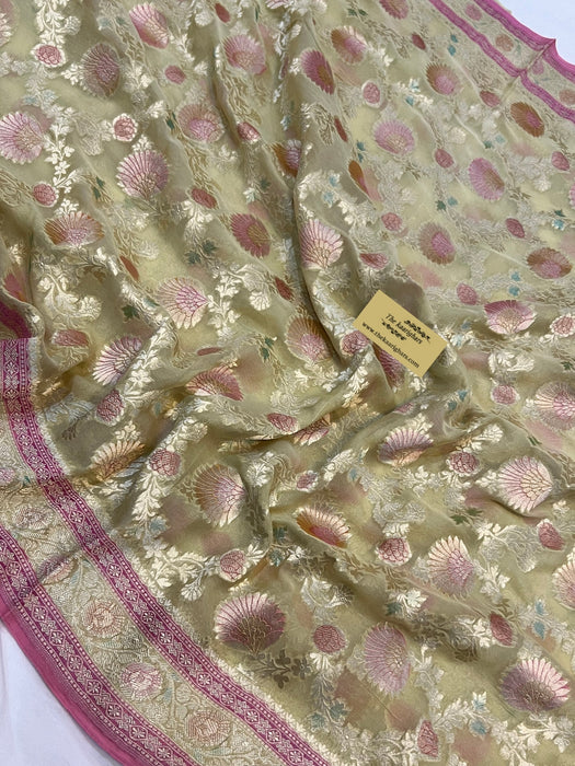 Dust Khaddi Georgette Banarasi Handloom Saree - Handfilled Meenakari