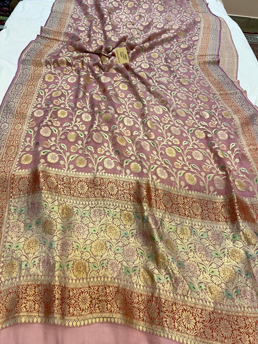 Copper Rose Pure Khaddi Georgette Banarasi Handloom Saree - Handfilled Meenakari