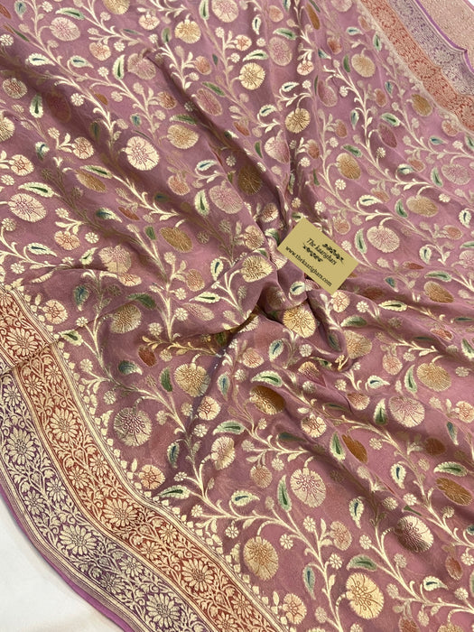 Copper Rose Pure Khaddi Georgette Banarasi Handloom Saree - Handfilled Meenakari