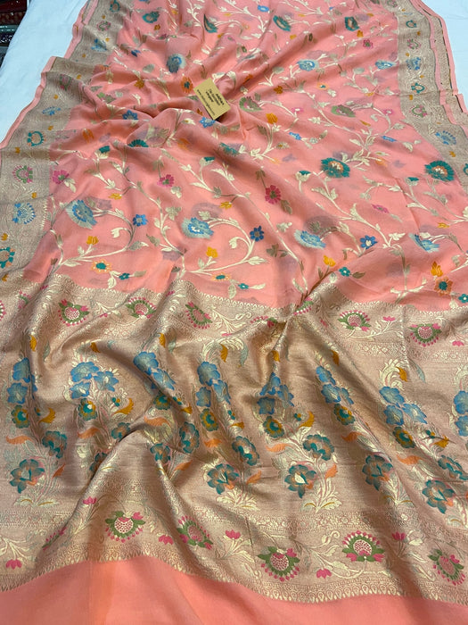 Dirty Peach Khaddi Georgette Banarasi Handloom Saree - Meenakari