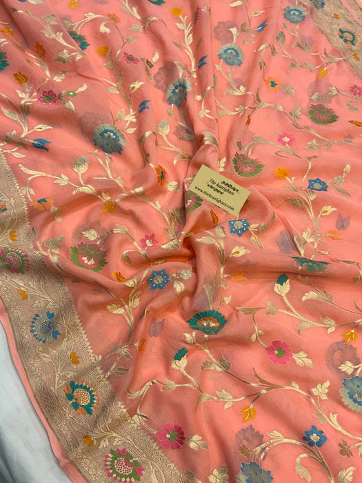 Dirty Peach Khaddi Georgette Banarasi Handloom Saree - Meenakari
