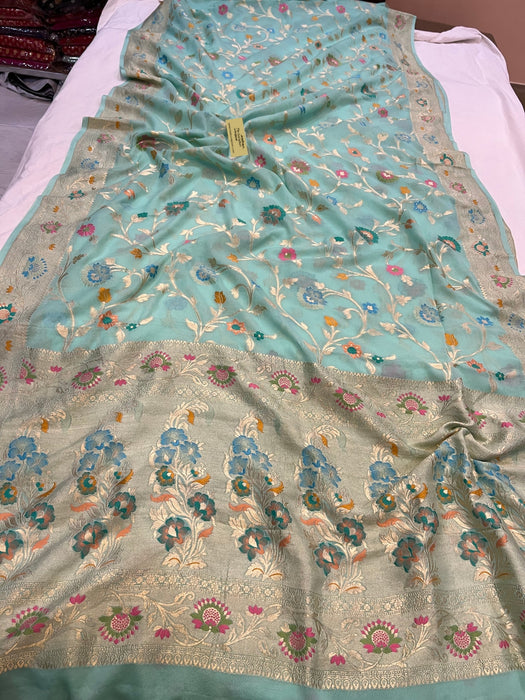 Shadow Green Khaddi Georgette Banarasi Handloom Saree - Meenakari