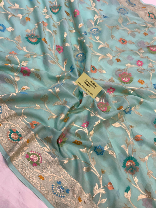 Shadow Green Khaddi Georgette Banarasi Handloom Saree - Meenakari