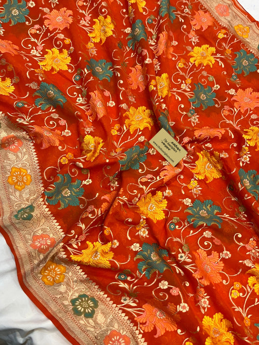 Red Khaddi Georgette Banarasi Handloom Saree - Meenakari