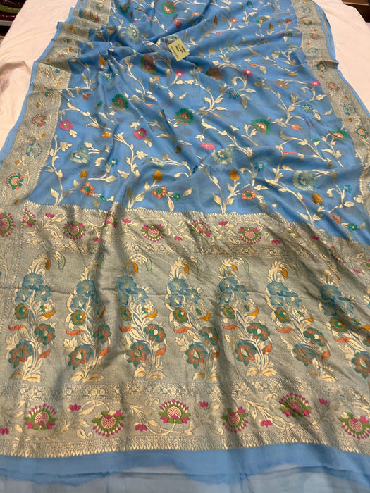 Steel Blue Khaddi Georgette Banarasi Handloom Saree - Meenakari