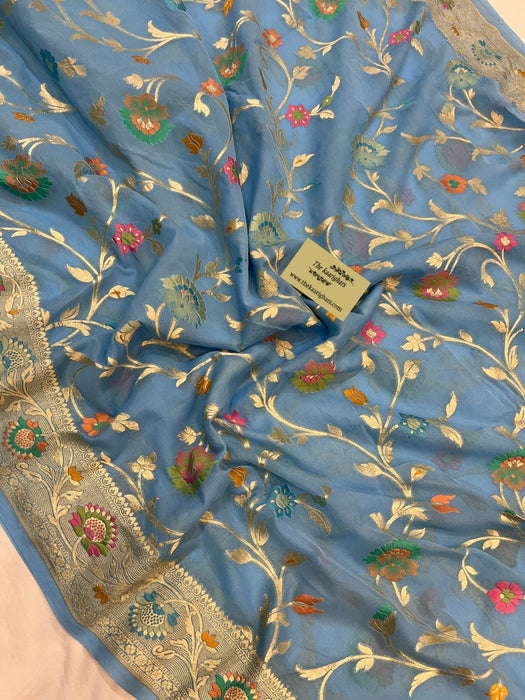 Steel Blue Khaddi Georgette Banarasi Handloom Saree - Meenakari