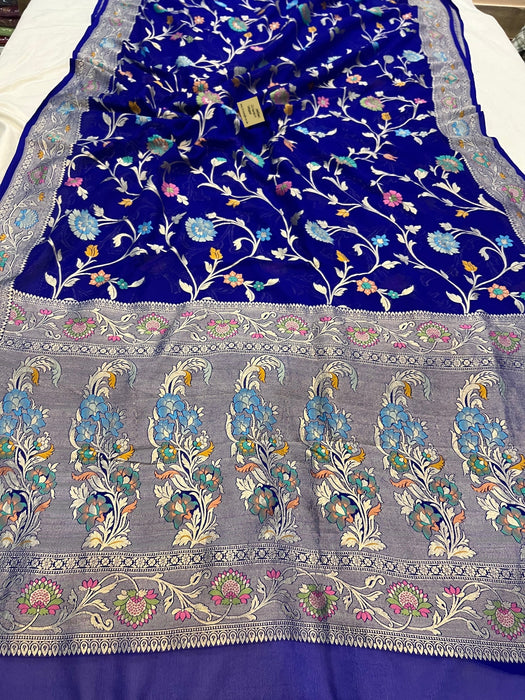 Spanish Blue Khaddi Georgette Banarasi Handloom Saree - Meenakari