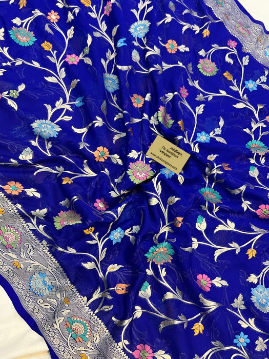 Spanish Blue Khaddi Georgette Banarasi Handloom Saree - Meenakari
