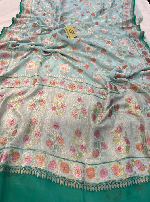 Pure Khaddi Georgette Banarasi Handloom Saree - Handfilled Meenakari