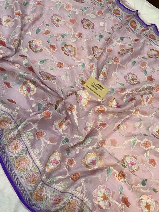 Pink Khaddi Georgette Banarasi Handloom Saree - Handfilled Meenakari