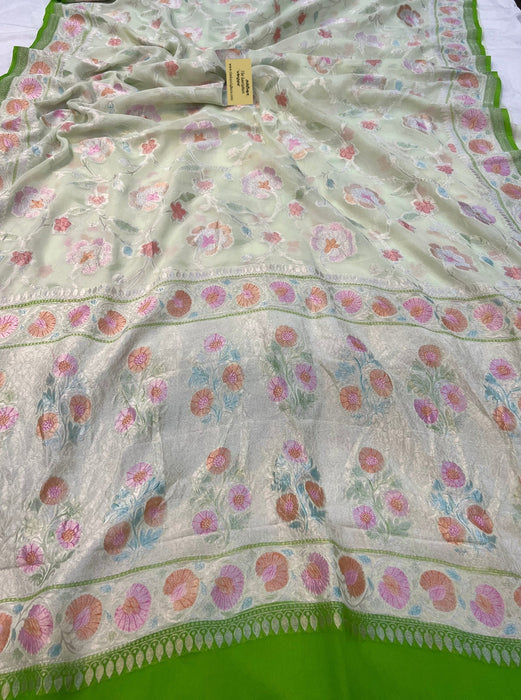 Vanilla Khaddi Georgette Banarasi Handloom Saree - Handfilled Meenakari
