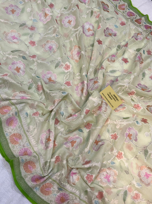Vanilla Khaddi Georgette Banarasi Handloom Saree - Handfilled Meenakari