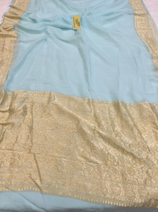 Cloudy Blue Pure Khaddi Georgette Banarasi Saree - Water zari