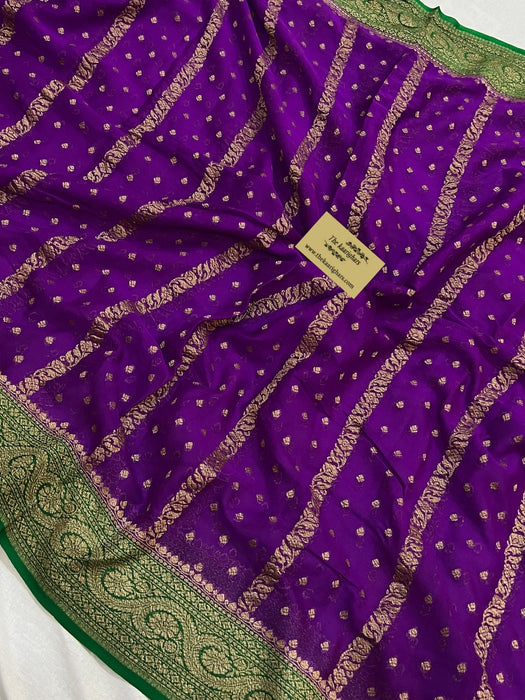 Purple & Green Khaddi Georgette Banarasi Handloom Saree - Antique Zari