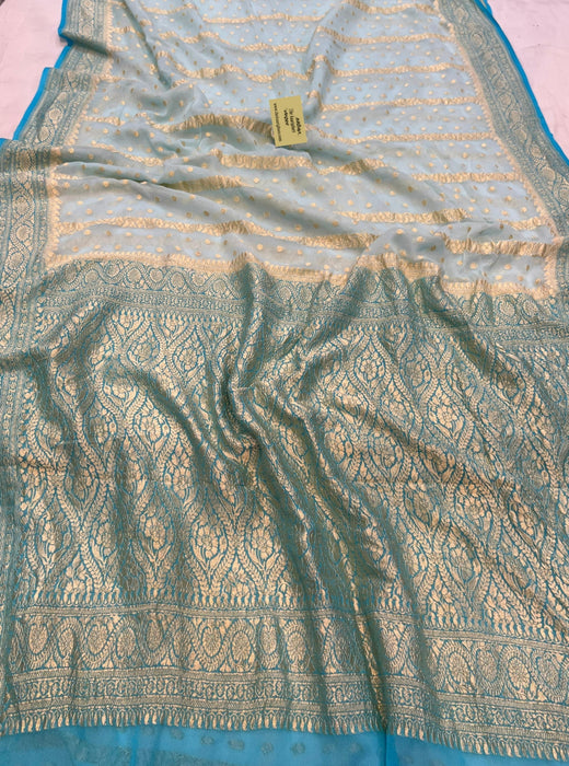Cloudy Blue Pure Khaddi Georgette Banarasi Saree - Water zari