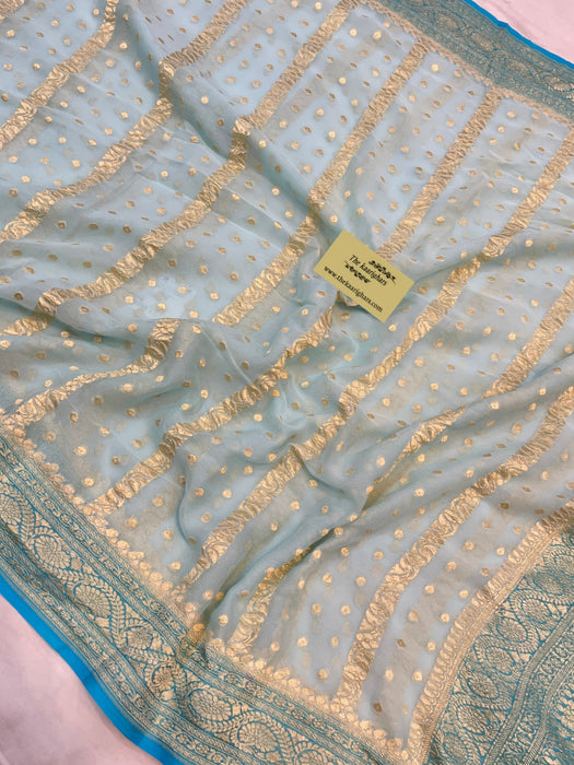 Cloudy Blue Pure Khaddi Georgette Banarasi Saree - Water zari