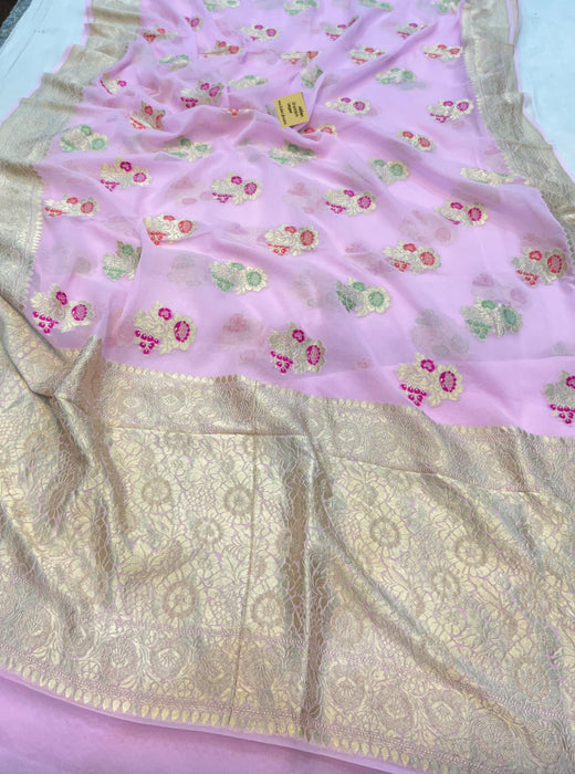 Baby Pink Khaddi Georgette Banarasi Handloom Saree - Meenakari