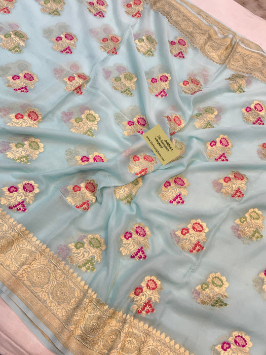 Cloudy Blue Khaddi Georgette Banarasi Handloom Saree - Meenakari