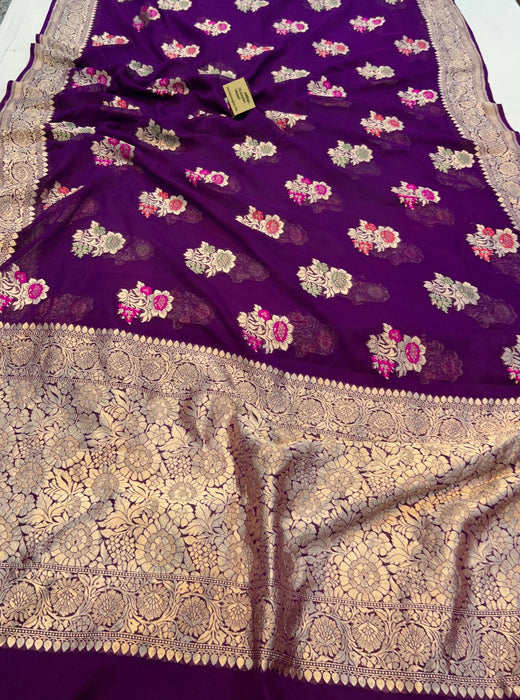 Dirty Purple Khaddi Georgette Banarasi Handloom Saree - Meenakari