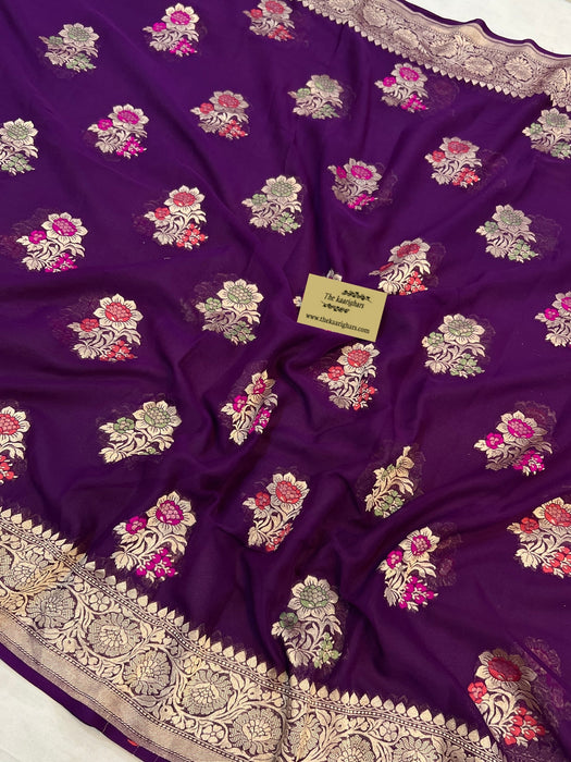 Dirty Purple Khaddi Georgette Banarasi Handloom Saree - Meenakari