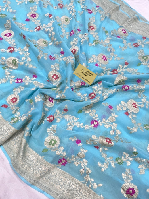 Blue Khaddi Georgette Banarasi Handloom Saree - Meenakari