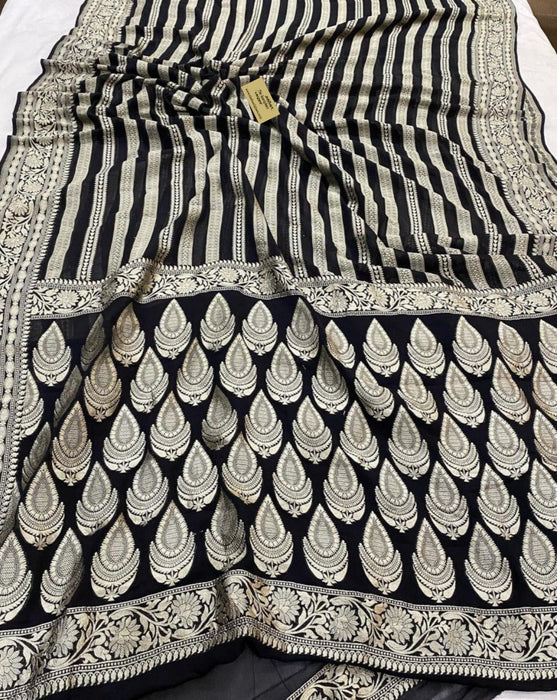 Black Pure Khaddi Georgette Banarasi Saree - Water zari