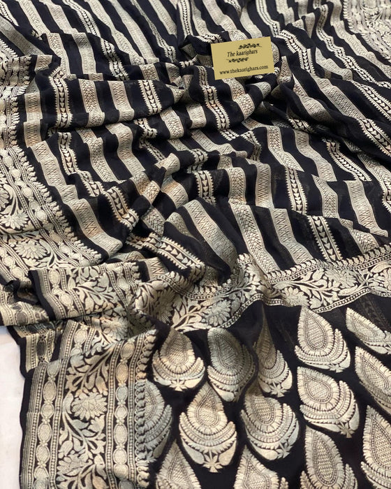 Black Pure Khaddi Georgette Banarasi Saree - Water zari