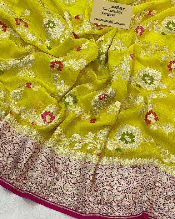 Yellow Khaddi Georgette Banarasi Handloom Saree - Meenakari