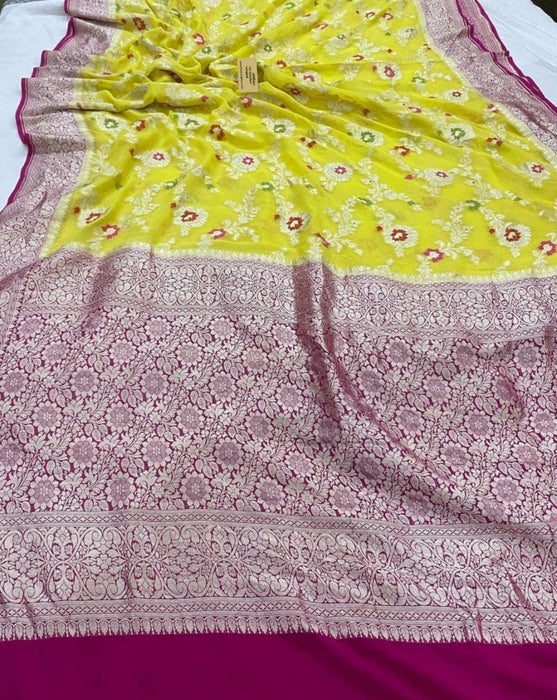 Yellow Khaddi Georgette Banarasi Handloom Saree - Meenakari