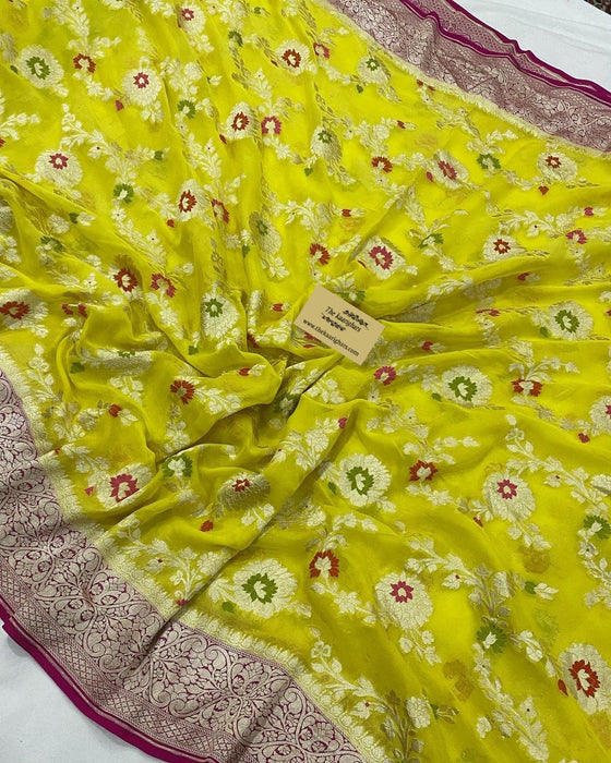 Yellow Khaddi Georgette Banarasi Handloom Saree - Meenakari