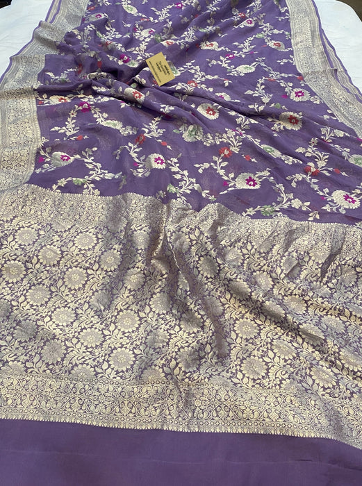 Dark Lavender Khaddi Georgette Banarasi Handloom Saree - Meenakari