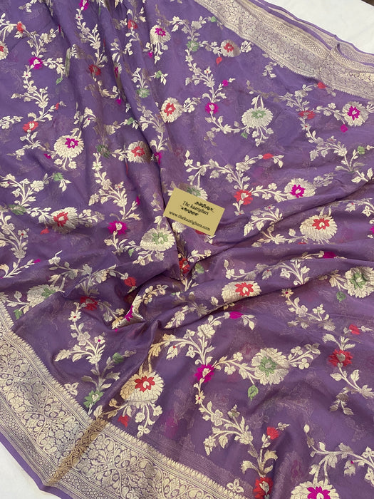 Dark Lavender Khaddi Georgette Banarasi Handloom Saree - Meenakari