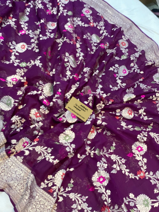 Wine Khaddi Georgette Banarasi Handloom Saree - Meenakari