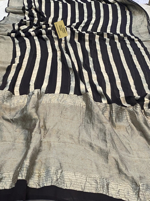 Black Pure Khaddi Georgette Banarasi Saree - Water zari