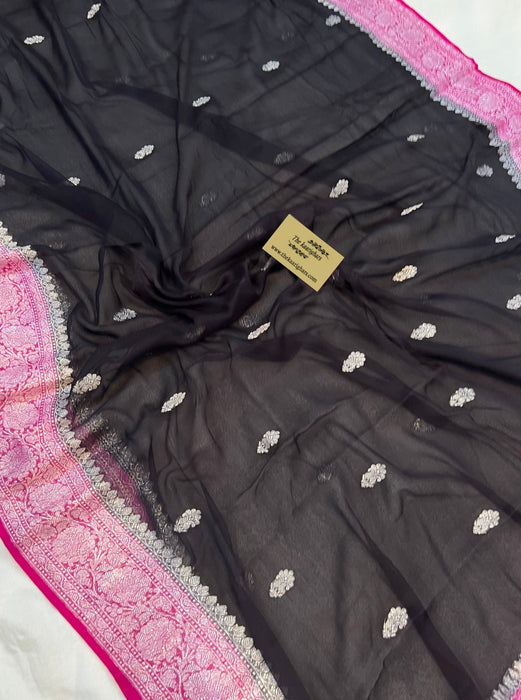 Black & Rani Pure Kadhwa Chiffon Georgette Banarasi Saree - Silver Zari