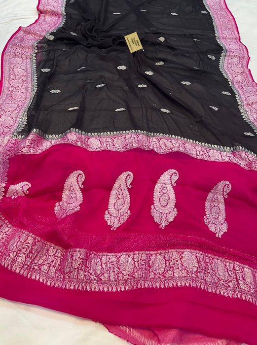 Black & Rani Pure Kadhwa Chiffon Georgette Banarasi Saree - Silver Zari