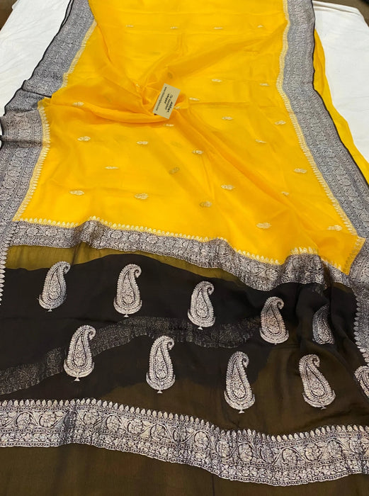 Black & Yellow Pure Kadhwa Chiffon Georgette Banarasi Saree - Silver Zari