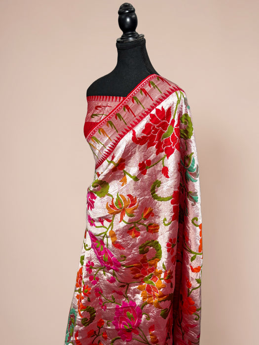 Red Pure Tussar Georgette Banarasi Handloom Saree - Brocade Meenakari