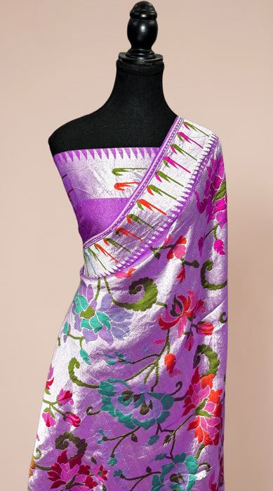 Purple Pure Tussar Georgette Banarasi Handloom Saree - Brocade Meenakari