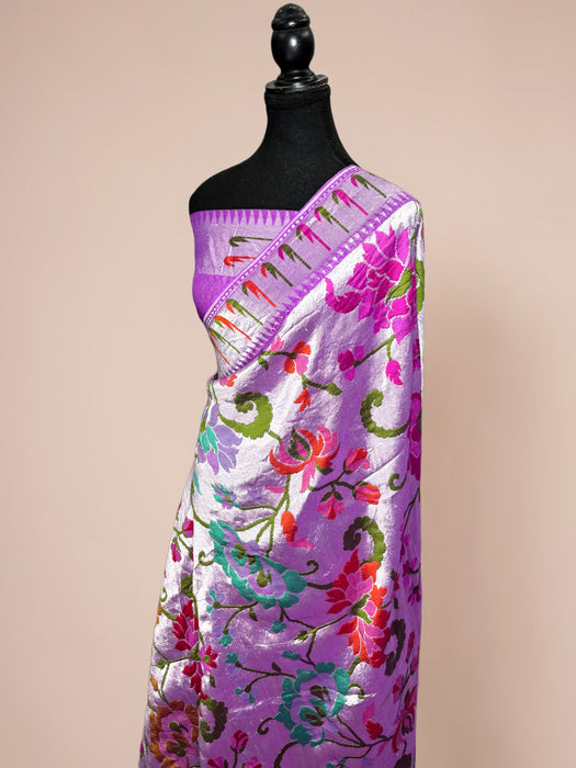 Purple Pure Tussar Georgette Banarasi Handloom Saree - Brocade Meenakari