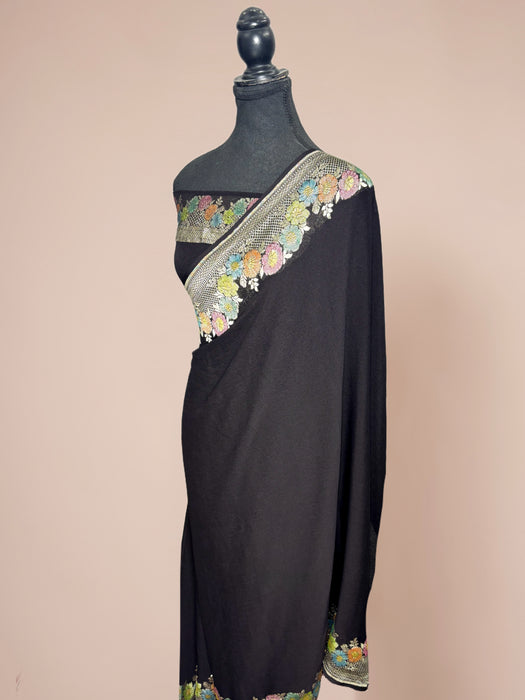 Black Pure Khaddi Georgette Banarasi Saree - Hand Filled Meenakari